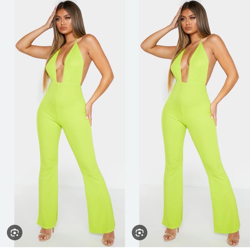 PrettyLittleThing Neon Green Deep V Jumpsuit